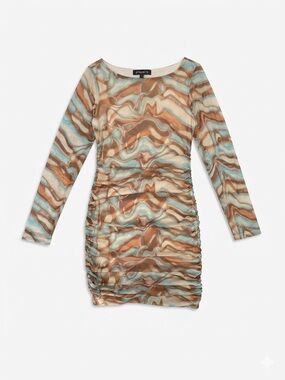 NWOT Brown & Blue Swirl Mesh Long Sleeve Bodycon Ruched Mini Dress Y2K Size L